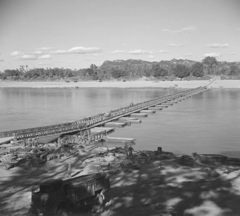A long floating Bailey bridge over the Chindwin near Kalewa, Burma, in December 1944.